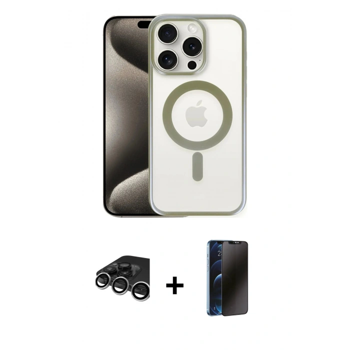 MARSİLYAN™- iPhone 15 Pro Max Kılıf Siluet Çizgi Serisi - Siyah 3D Antistatik Hayalet Cam Ekran Koruyucu + Raze Metal Kamera Lens - GS