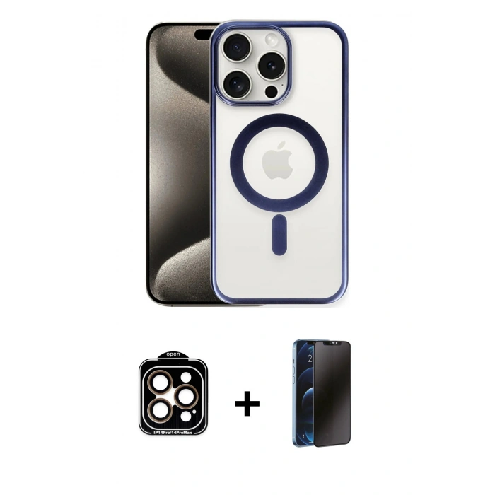 MARSİLYAN™- iPhone 15 Pro Max Kılıf Siluet Çizgi Serisi - Siyah 3D Antistatik Hayalet Cam Ekran Koruyucu + PVD Metal Kamera Lens - TU