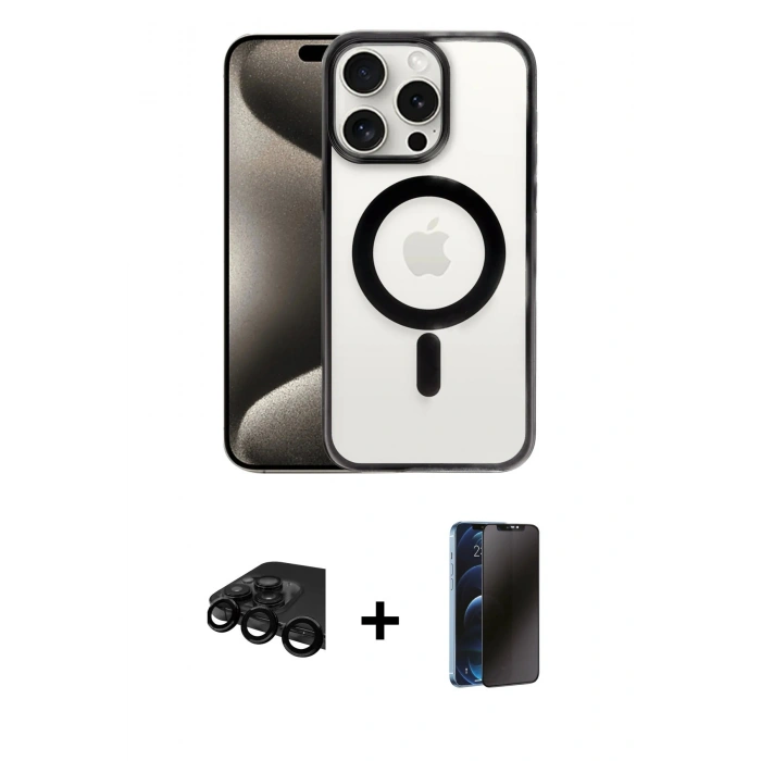 MARSİLYAN™- iPhone 15 Pro Max Kılıf Siluet Çizgi Serisi - Siyah 3D Antistatik Hayalet Cam Ekran Koruyucu + Raze Metal Kamera Lens - SH