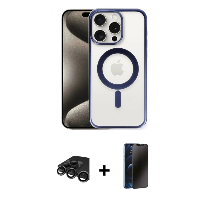 MARSİLYAN™- iPhone 15 Pro Max Kılıf Siluet Çizgi Serisi - Siyah 3D Antistatik Hayalet Cam Ekran Koruyucu + Titanyum Gri Raze Metal Kamera Lens