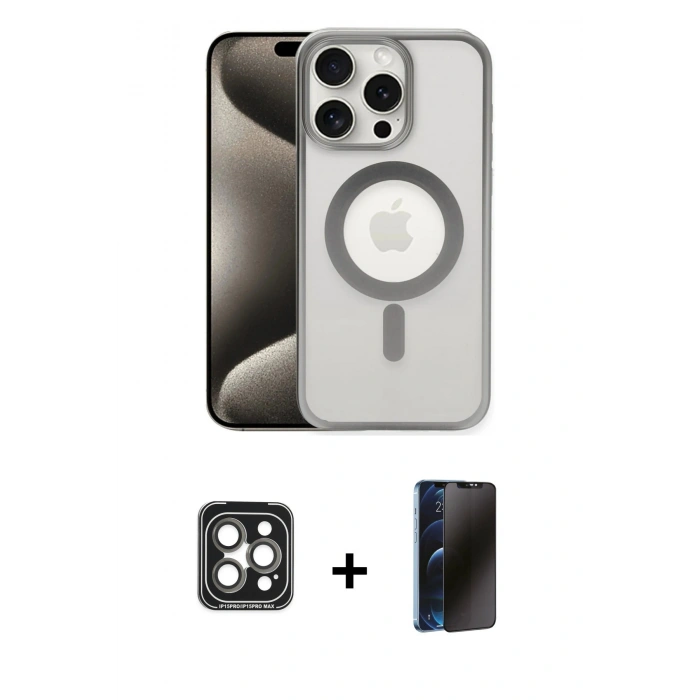 MARSİLYAN™- iPhone 15 Pro Max Kılıf Siluet Çizgi Serisi - Siyah 3D Antistatik Hayalet Cam Ekran Koruyucu + PVD Metal Kamera Lens - GI