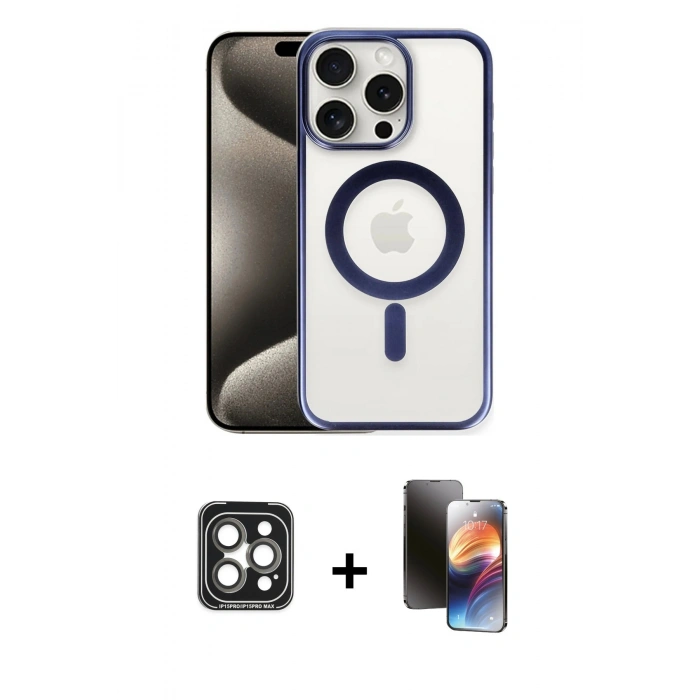 MARSİLYAN™- iPhone 15 Pro Max Kılıf Siluet Çizgi Serisi - Siyah 3D Antistatik Mat Seramik Nano Ekran Koruyucu + PVD Metal Kamera Lens - GI
