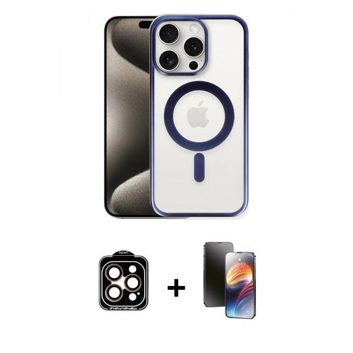 MARSİLYAN™- iPhone 15 Pro Max Kılıf Siluet Çizgi Serisi - Siyah 3D Antistatik Mat Seramik Nano Ekran Koruyucu + PVD Metal Kamera Lens - TU