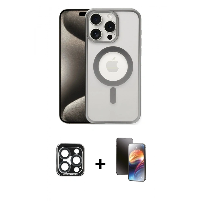 MARSİLYAN™- iPhone 15 Pro Max Kılıf Siluet Çizgi Serisi - Siyah 3D Antistatik Mat Seramik Nano Ekran Koruyucu + PVD Metal Kamera Lens - LT