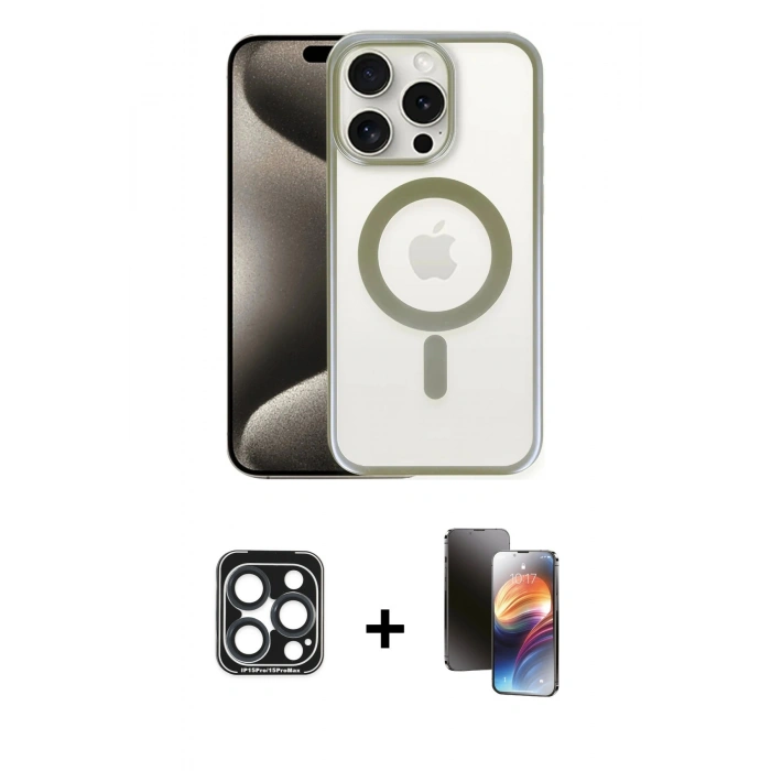 MARSİLYAN™- iPhone 15 Pro Max Kılıf Siluet Çizgi Serisi - Siyah 3D Antistatik Mat Seramik Nano Ekran Koruyucu + PVD Metal Kamera Lens - LT