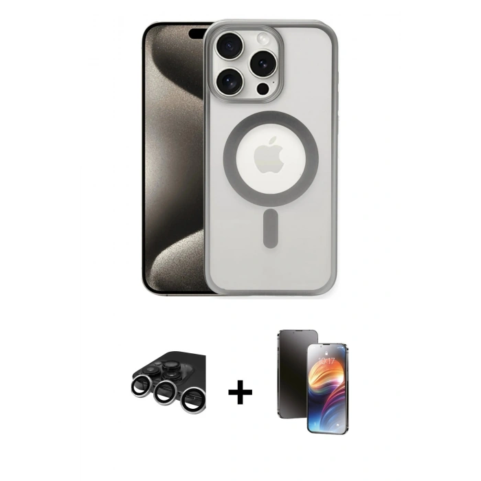 MARSİLYAN™- iPhone 15 Pro Max Kılıf Siluet Çizgi Serisi - Siyah 3D Antistatik Mat Seramik Nano Ekran Koruyucu + Raze Metal Kamera Lens - GS
