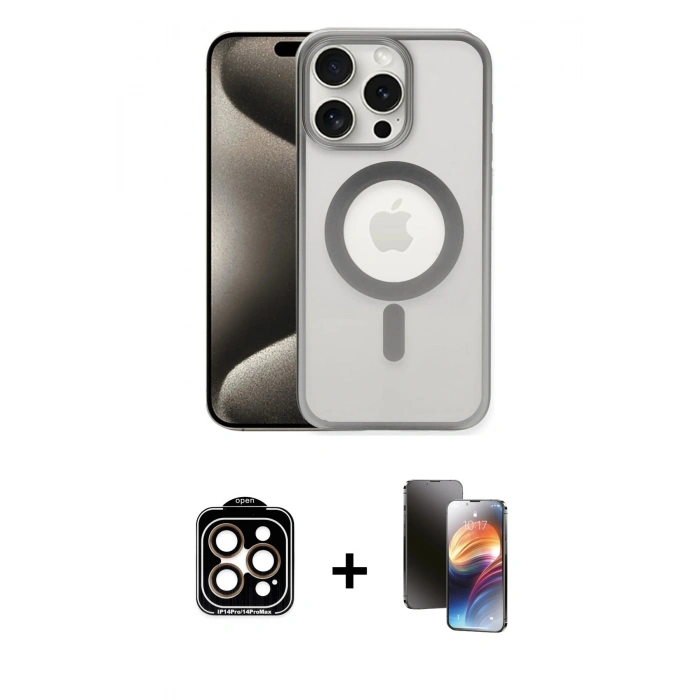 MARSİLYAN™- iPhone 15 Pro Max Kılıf Siluet Çizgi Serisi - Siyah 3D Antistatik Mat Seramik Nano Ekran Koruyucu + PVD Metal Kamera Lens - TU