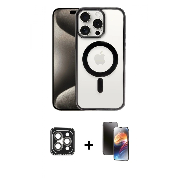 MARSİLYAN™- iPhone 15 Pro Max Kılıf Siluet Çizgi Serisi - Siyah 3D Antistatik Mat Seramik Nano Ekran Koruyucu + PVD Metal Kamera Lens - GI