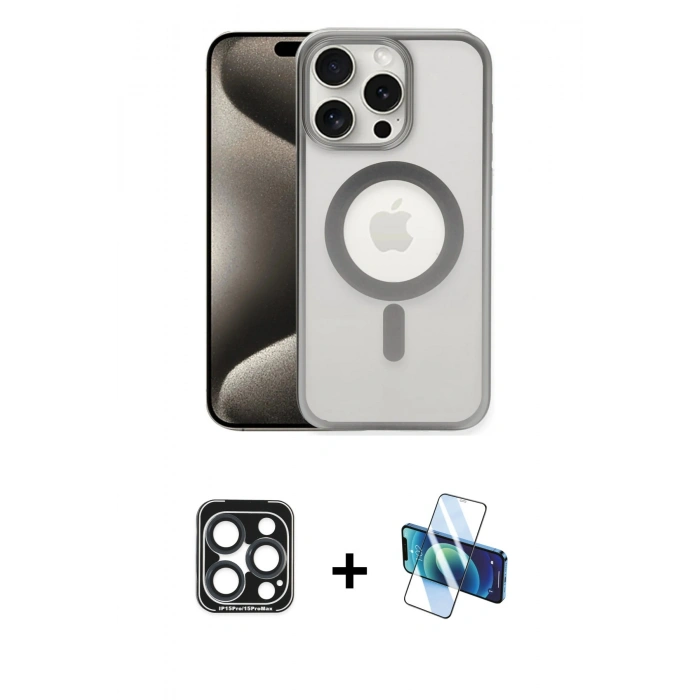 MARSİLYAN™- iPhone 15 Pro Max Kılıf Siluet Çizgi Serisi - Siyah 3D Antistatik Seramik Nano Ekran Koruyucu + PVD Metal Kamera Lens - LT