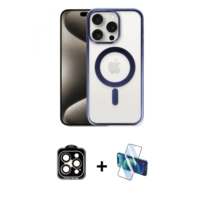 MARSİLYAN™- iPhone 15 Pro Max Kılıf Siluet Çizgi Serisi - Siyah 3D Antistatik Seramik Nano Ekran Koruyucu + PVD Metal Kamera Lens - TU