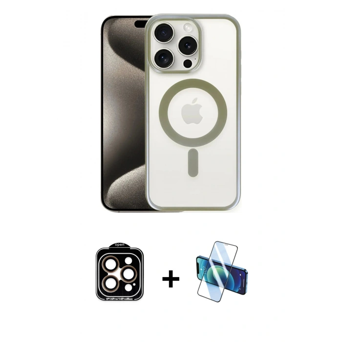 MARSİLYAN™- iPhone 15 Pro Max Kılıf Siluet Çizgi Serisi - Siyah 3D Antistatik Seramik Nano Ekran Koruyucu + PVD Metal Kamera Lens - TU