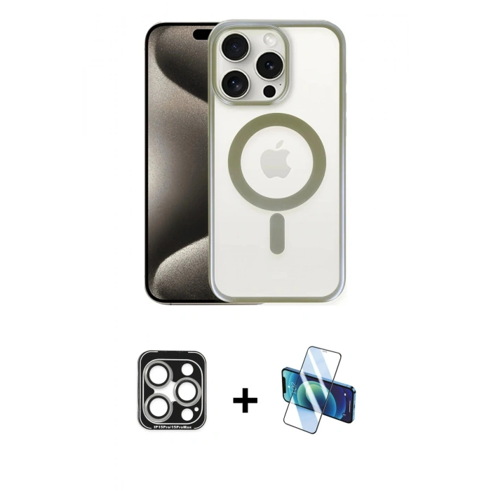 MARSİLYAN™- iPhone 15 Pro Max Kılıf Siluet Çizgi Serisi - Siyah 3D Antistatik Seramik Nano Ekran Koruyucu + PVD Metal Kamera Lens - GS