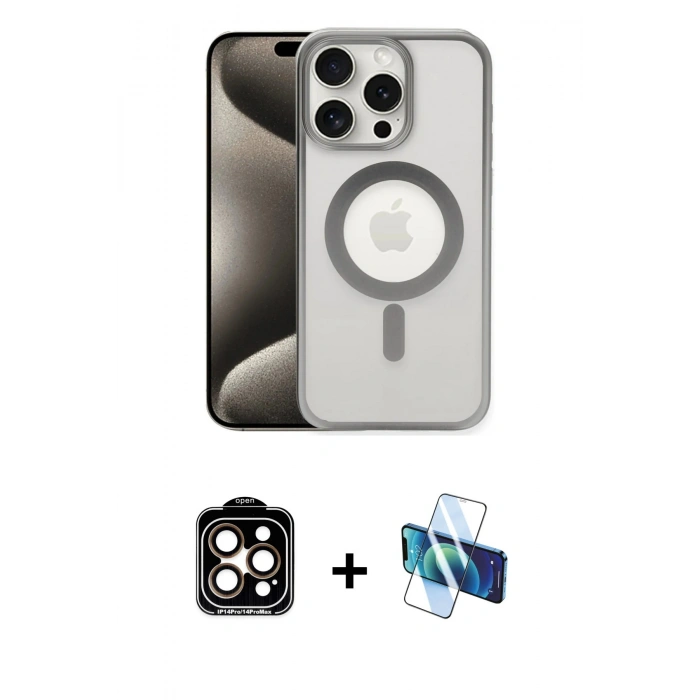 MARSİLYAN™- iPhone 15 Pro Max Kılıf Siluet Çizgi Serisi - Siyah 3D Antistatik Seramik Nano Ekran Koruyucu + PVD Metal Kamera Lens - TU