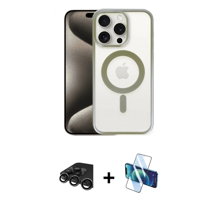 MARSİLYAN™- iPhone 15 Pro Max Kılıf Siluet Çizgi Serisi - Siyah 3D Antistatik Seramik Nano Ekran Koruyucu + Raze Metal Kamera Lens - TMGI