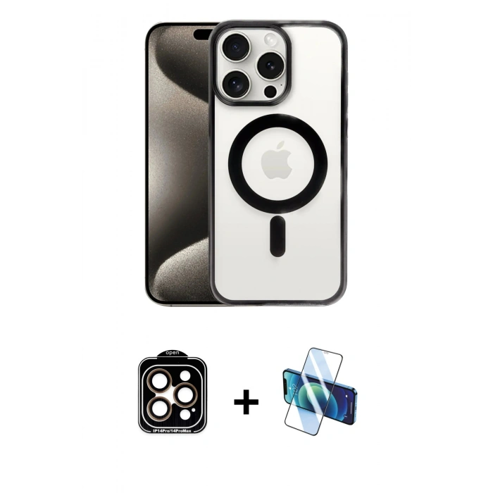 MARSİLYAN™- iPhone 15 Pro Max Kılıf Siluet Çizgi Serisi - Siyah 3D Antistatik Seramik Nano Ekran Koruyucu + PVD Metal Kamera Lens - TU