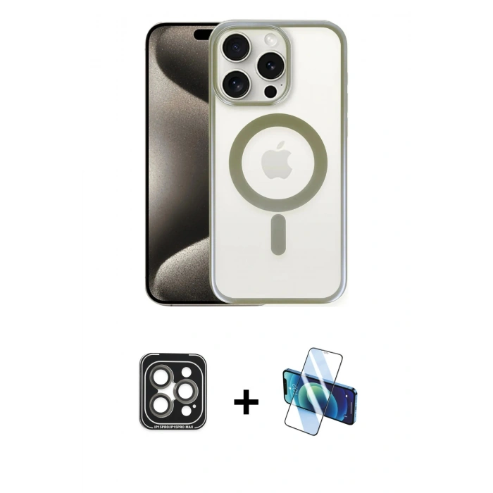 MARSİLYAN™- iPhone 15 Pro Max Kılıf Siluet Çizgi Serisi - Siyah 3D Antistatik Seramik Nano Ekran Koruyucu + Gri PVD Metal Kamera Lens