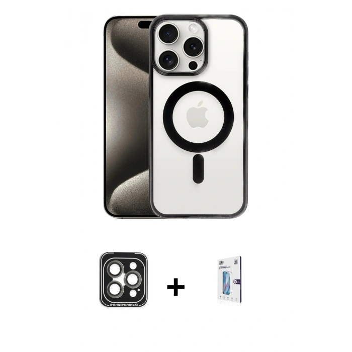 MARSİLYAN™- iPhone 15 Pro Max Kılıf Siluet Çizgi Serisi - Siyah Bilvis 0.18mm Plus Cam Ekran Koruyucu + PVD Metal Kamera Lens - GI