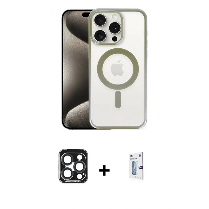 MARSİLYAN™- iPhone 15 Pro Max Kılıf Siluet Çizgi Serisi - Siyah Bilvis 0.18mm Plus Cam Ekran Koruyucu + PVD Metal Kamera Lens - LT