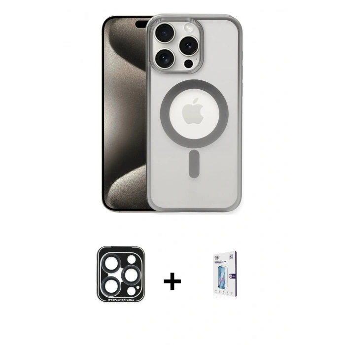 MARSİLYAN™- iPhone 15 Pro Max Kılıf Siluet Çizgi Serisi - Siyah Bilvis 0.18mm Plus Cam Ekran Koruyucu + PVD Metal Kamera Lens - LT