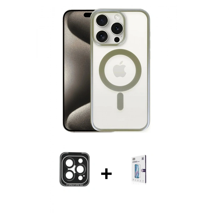 MARSİLYAN™- iPhone 15 Pro Max Kılıf Siluet Çizgi Serisi - Siyah Bilvis 0.18mm Plus Cam Ekran Koruyucu + PVD Metal Kamera Lens - SH