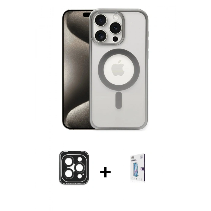 MARSİLYAN™- iPhone 15 Pro Max Kılıf Siluet Çizgi Serisi - Siyah Bilvis 0.18mm Plus Cam Ekran Koruyucu + PVD Metal Kamera Lens - SH