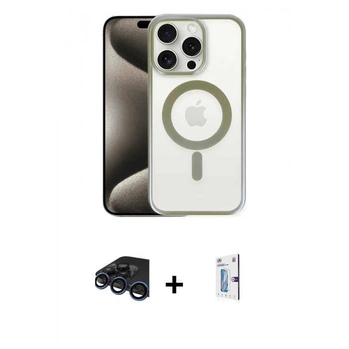 MARSİLYAN™- iPhone 15 Pro Max Kılıf Siluet Çizgi Serisi - Siyah Bilvis 0.18mm Plus Cam Ekran Koruyucu + Raze Metal Kamera Lens - LT