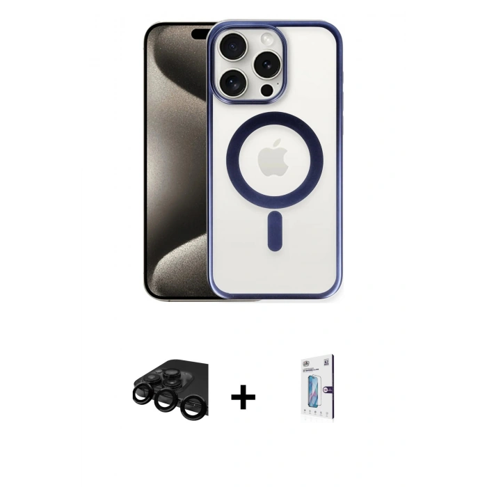 MARSİLYAN™- iPhone 15 Pro Max Kılıf Siluet Çizgi Serisi - Siyah Bilvis 0.18mm Plus Cam Ekran Koruyucu + Raze Metal Kamera Lens - SH