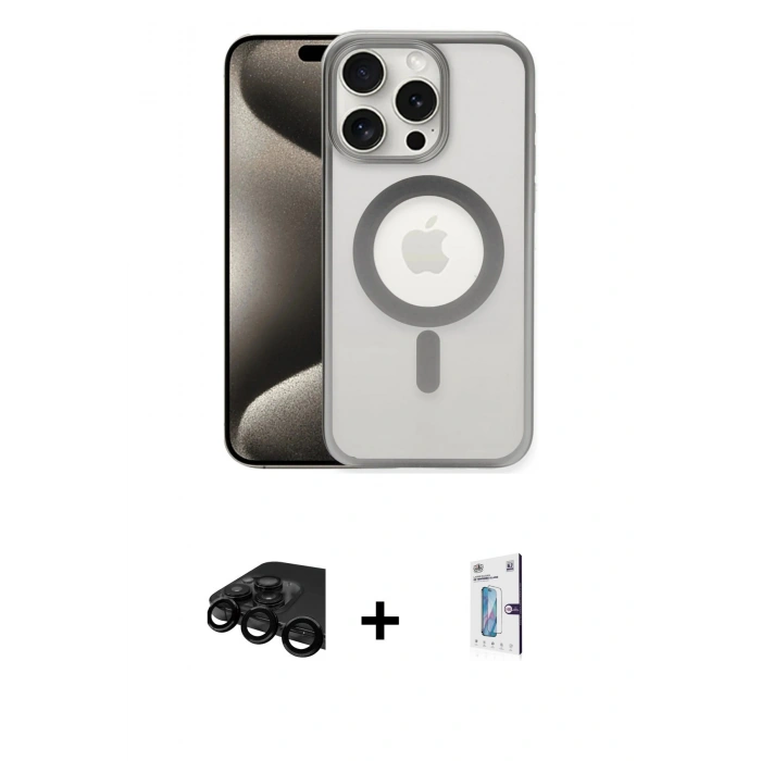 MARSİLYAN™- iPhone 15 Pro Max Kılıf Siluet Çizgi Serisi - Siyah Bilvis 0.18mm Plus Cam Ekran Koruyucu + Raze Metal Kamera Lens - SH