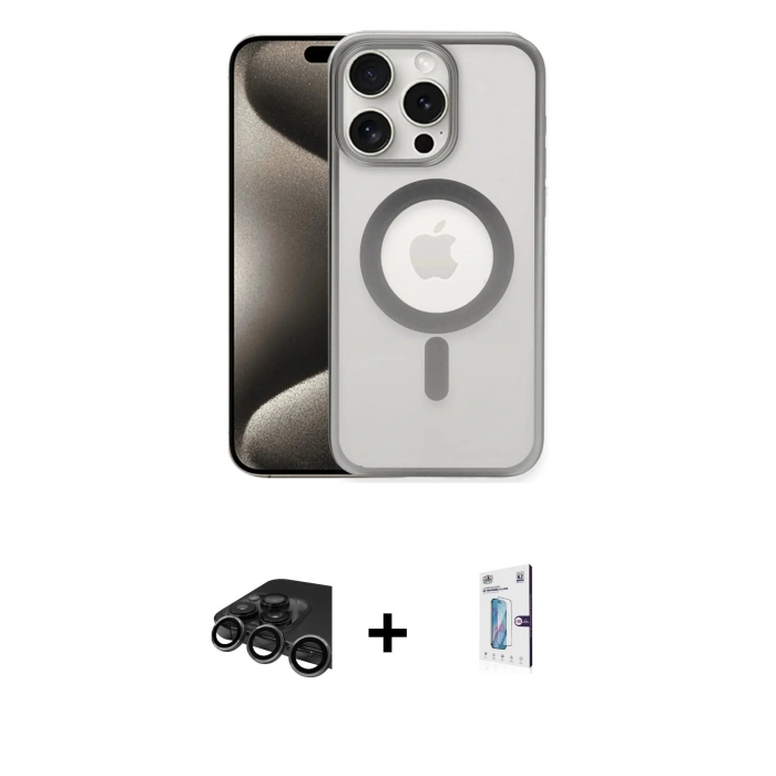 MARSİLYAN™- iPhone 15 Pro Max Kılıf Siluet Çizgi Serisi - Siyah Bilvis 0.18mm Plus Cam Ekran Koruyucu + Raze Metal Kamera Lens - TMGI