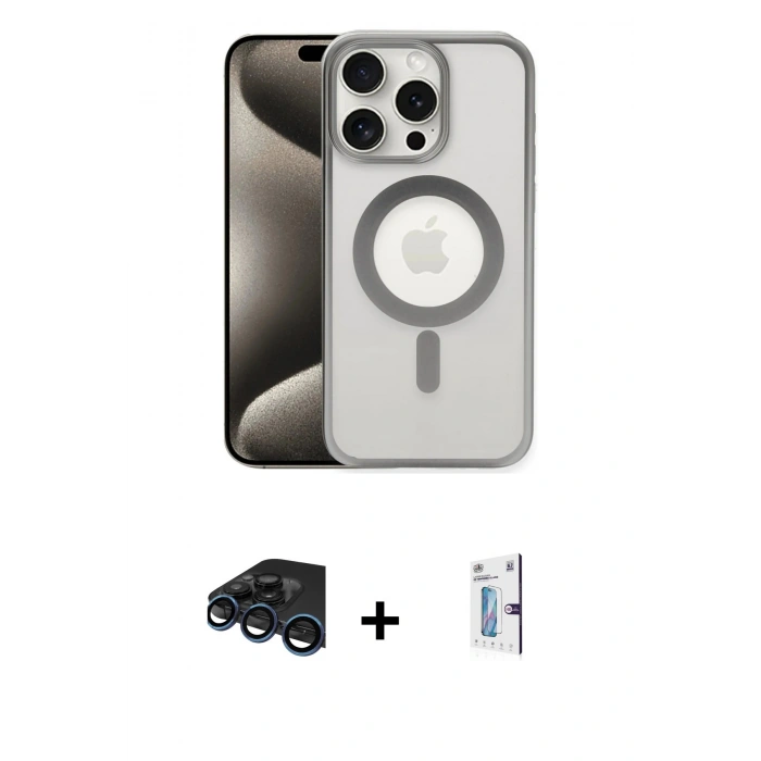 MARSİLYAN™- iPhone 15 Pro Max Kılıf Siluet Çizgi Serisi - Siyah Bilvis 0.18mm Plus Cam Ekran Koruyucu + Raze Metal Kamera Lens - LT