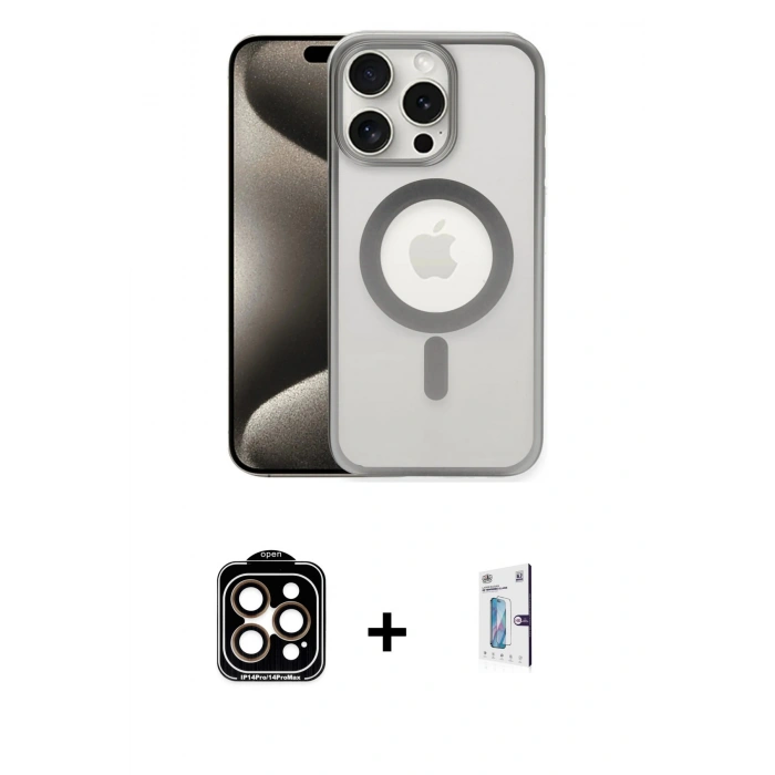 MARSİLYAN™- iPhone 15 Pro Max Kılıf Siluet Çizgi Serisi - Siyah Bilvis 0.18mm Plus Cam Ekran Koruyucu + PVD Metal Kamera Lens - TU