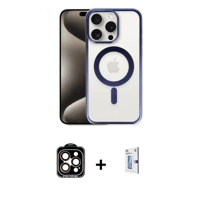 MARSİLYAN™- iPhone 15 Pro Max Kılıf Siluet Çizgi Serisi - Siyah Bilvis 0.18mm Plus Cam Ekran Koruyucu + PVD Metal Kamera Lens - TU