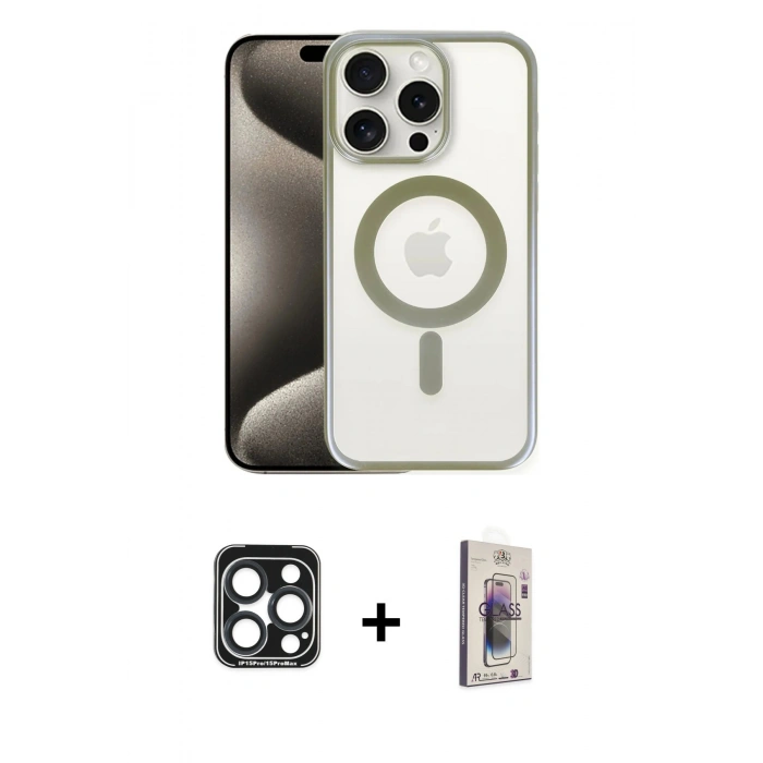 MARSİLYAN™- iPhone 15 Pro Max Kılıf Siluet Çizgi Serisi - Siyah Bilvis 3D Cam Ekran Koruyucu + PVD Metal Kamera Lens - LT