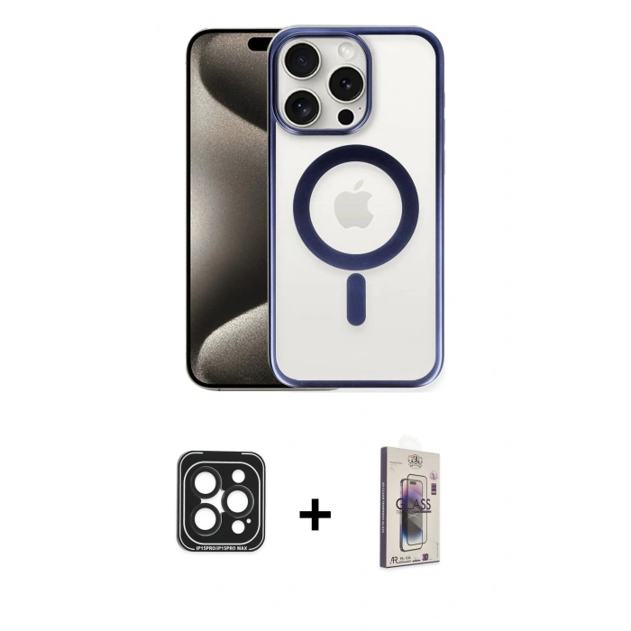 MARSİLYAN™- iPhone 15 Pro Max Kılıf Siluet Çizgi Serisi - Siyah Bilvis 3D Cam Ekran Koruyucu + PVD Metal Kamera Lens - SH