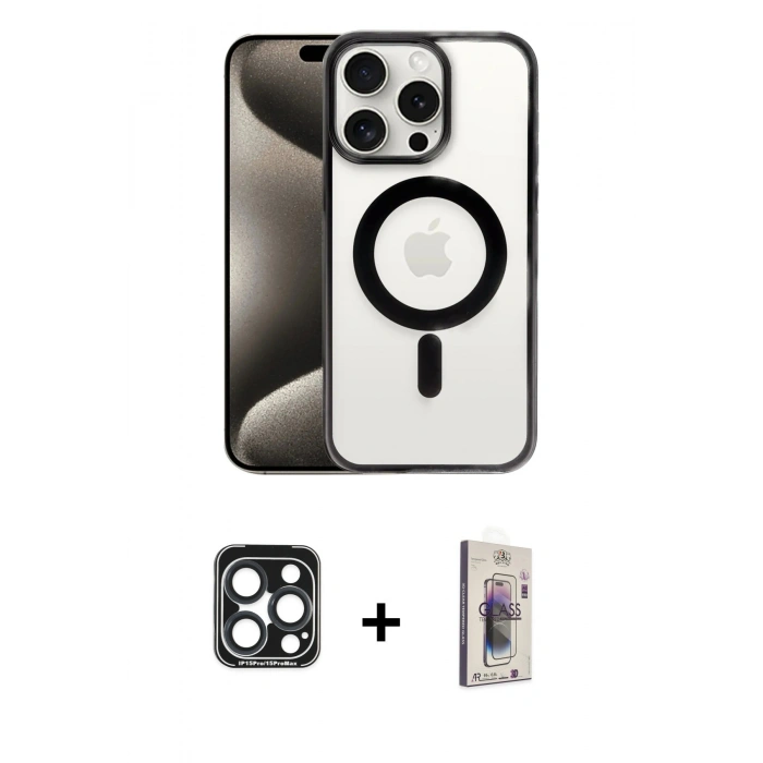 MARSİLYAN™- iPhone 15 Pro Max Kılıf Siluet Çizgi Serisi - Siyah Bilvis 3D Cam Ekran Koruyucu + PVD Metal Kamera Lens - LT