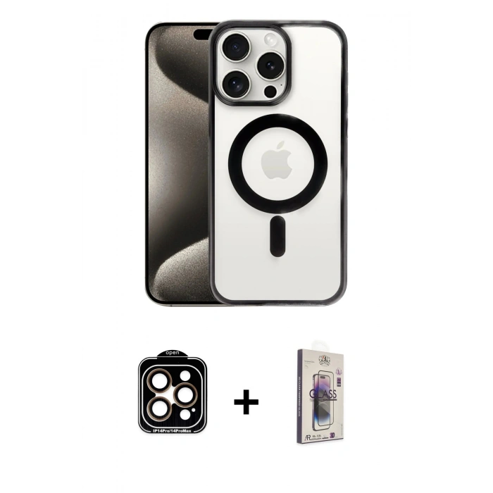 MARSİLYAN™- iPhone 15 Pro Max Kılıf Siluet Çizgi Serisi - Siyah Bilvis 3D Cam Ekran Koruyucu + PVD Metal Kamera Lens - TU