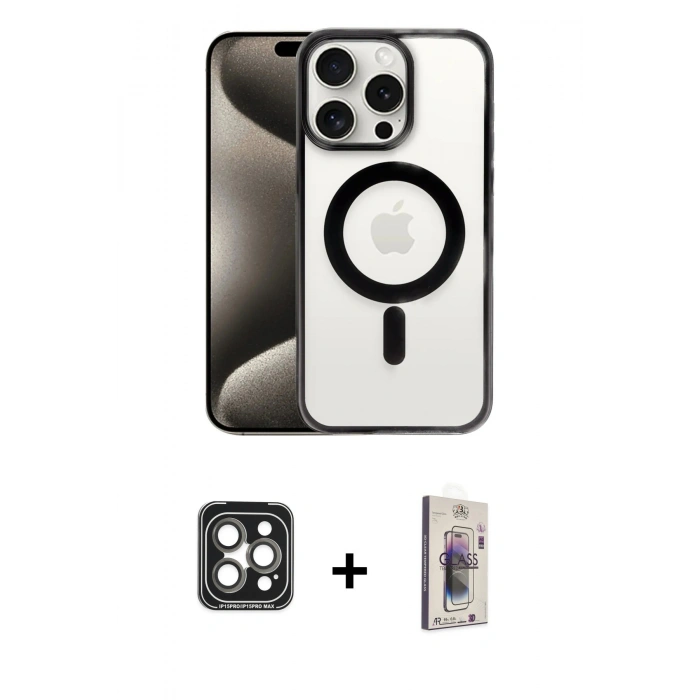 MARSİLYAN™- iPhone 15 Pro Max Kılıf Siluet Çizgi Serisi - Siyah Bilvis 3D Cam Ekran Koruyucu + PVD Metal Kamera Lens - GI