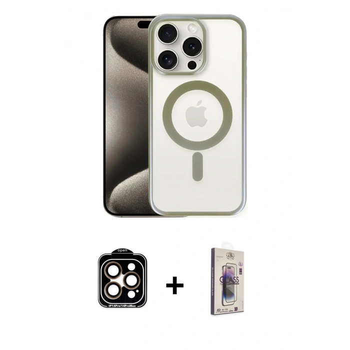 MARSİLYAN™- iPhone 15 Pro Max Kılıf Siluet Çizgi Serisi - Siyah Bilvis 3D Cam Ekran Koruyucu + PVD Metal Kamera Lens - TU