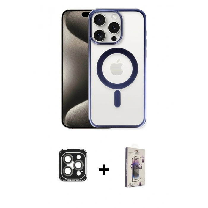 MARSİLYAN™- iPhone 15 Pro Max Kılıf Siluet Çizgi Serisi - Siyah Bilvis 3D Cam Ekran Koruyucu + PVD Metal Kamera Lens - GI