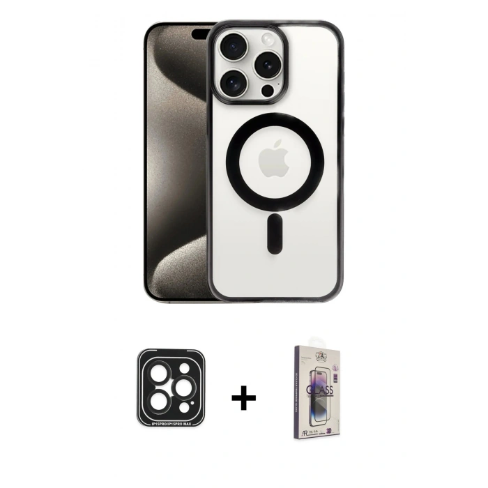 MARSİLYAN™- iPhone 15 Pro Max Kılıf Siluet Çizgi Serisi - Siyah Bilvis 3D Cam Ekran Koruyucu + PVD Metal Kamera Lens - SH