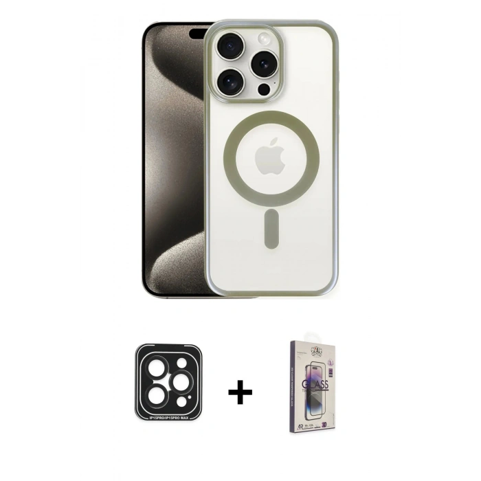 MARSİLYAN™- iPhone 15 Pro Max Kılıf Siluet Çizgi Serisi - Siyah Bilvis 3D Cam Ekran Koruyucu + PVD Metal Kamera Lens - SH