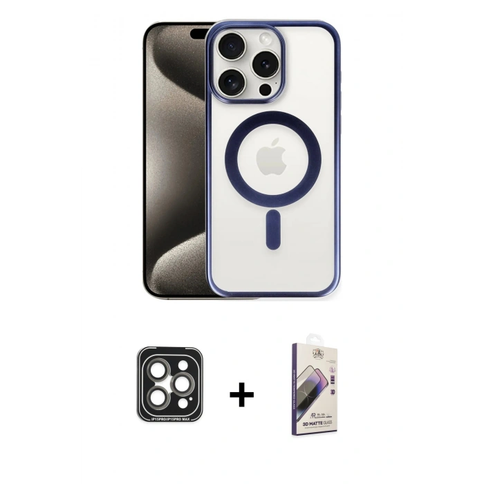 MARSİLYAN™- iPhone 15 Pro Max Kılıf Siluet Çizgi Serisi - Siyah Bilvis 3D Mat Cam Ekran Koruyucu + PVD Metal Kamera Lens - GI