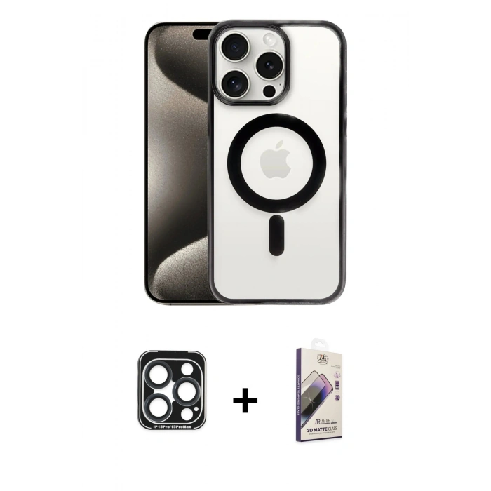 MARSİLYAN™- iPhone 15 Pro Max Kılıf Siluet Çizgi Serisi - Siyah Bilvis 3D Mat Cam Ekran Koruyucu + PVD Metal Kamera Lens - LT