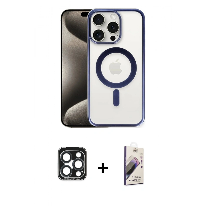 MARSİLYAN™- iPhone 15 Pro Max Kılıf Siluet Çizgi Serisi - Siyah Bilvis 3D Mat Cam Ekran Koruyucu + PVD Metal Kamera Lens - LT