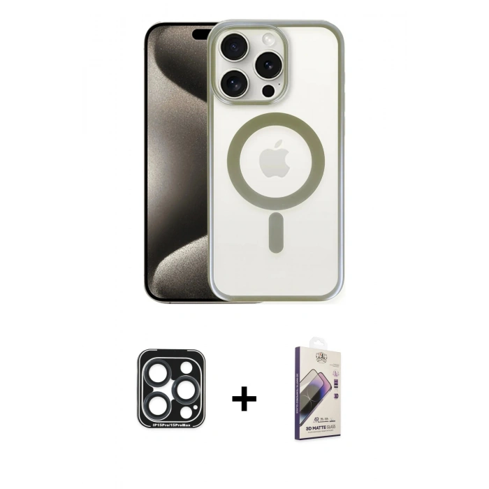 MARSİLYAN™- iPhone 15 Pro Max Kılıf Siluet Çizgi Serisi - Siyah Bilvis 3D Mat Cam Ekran Koruyucu + PVD Metal Kamera Lens - LT