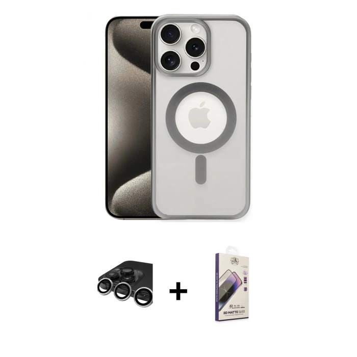 MARSİLYAN™- iPhone 15 Pro Max Kılıf Siluet Çizgi Serisi - Siyah Bilvis 3D Mat Cam Ekran Koruyucu + Raze Metal Kamera Lens - GS
