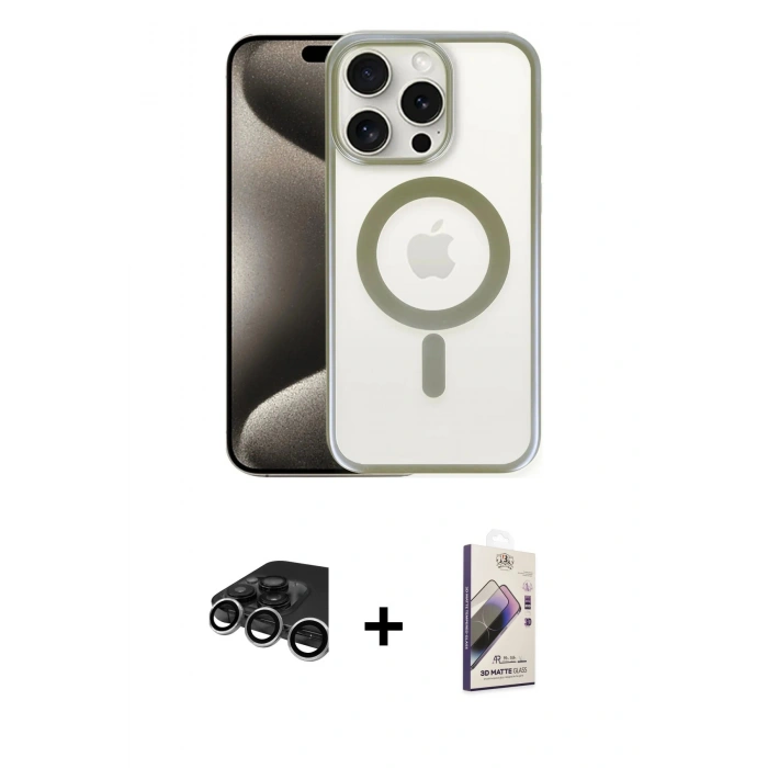 MARSİLYAN™- iPhone 15 Pro Max Kılıf Siluet Çizgi Serisi - Siyah Bilvis 3D Mat Cam Ekran Koruyucu + Raze Metal Kamera Lens - GS