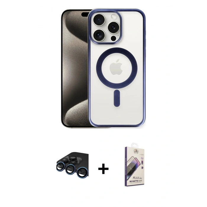 MARSİLYAN™- iPhone 15 Pro Max Kılıf Siluet Çizgi Serisi - Siyah Bilvis 3D Mat Cam Ekran Koruyucu + Raze Metal Kamera Lens - LT