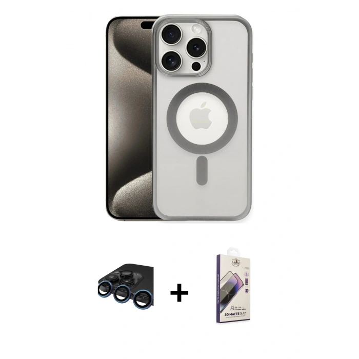 MARSİLYAN™- iPhone 15 Pro Max Kılıf Siluet Çizgi Serisi - Siyah Bilvis 3D Mat Cam Ekran Koruyucu + Raze Metal Kamera Lens - LT