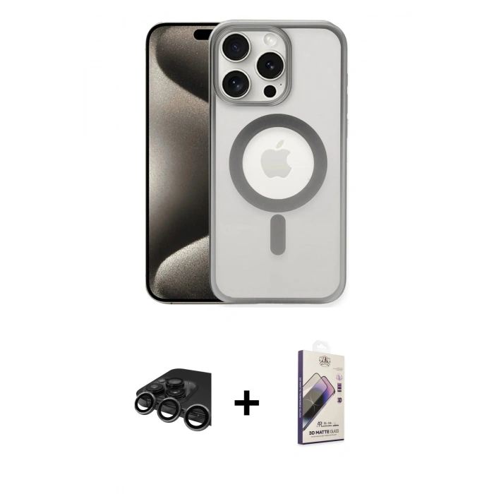 MARSİLYAN™- iPhone 15 Pro Max Kılıf Siluet Çizgi Serisi - Siyah Bilvis 3D Mat Cam Ekran Koruyucu + Raze Metal Kamera Lens - TMGI